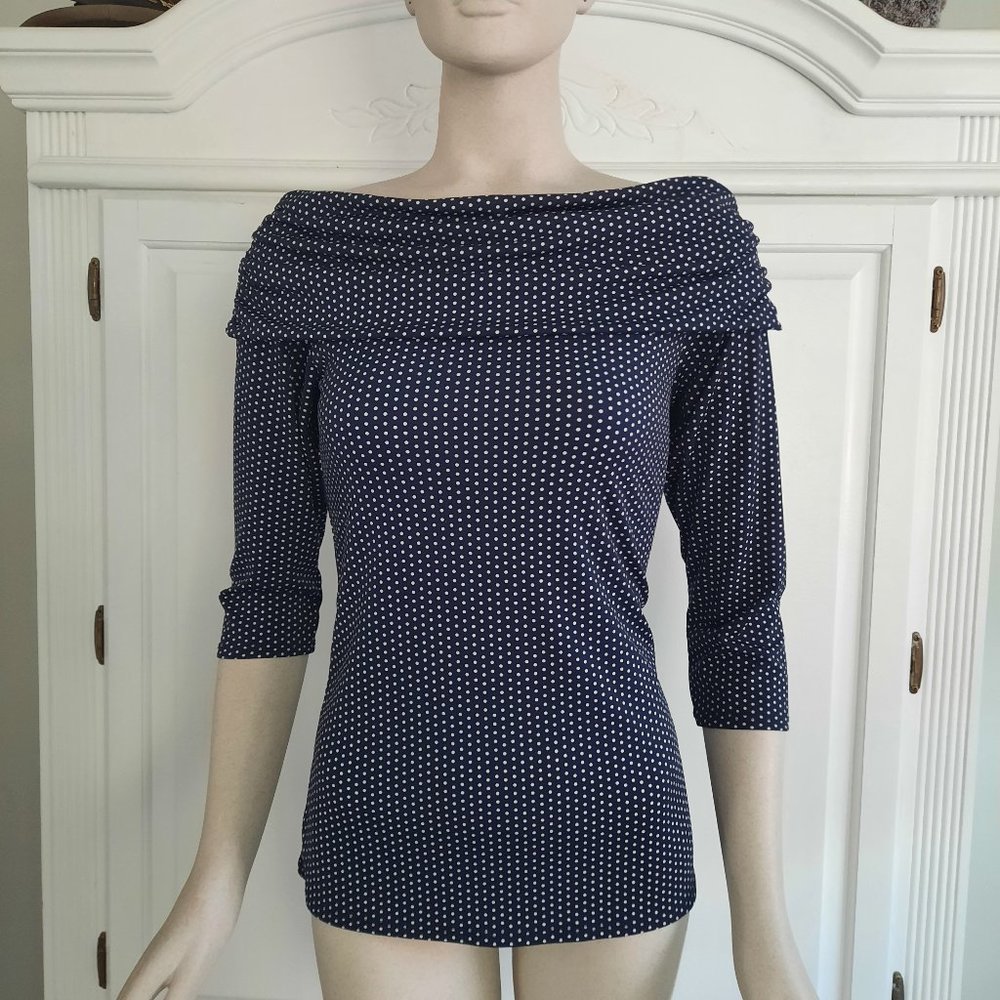 Max Studio blue and white polka dot top with fold over boat neck, size s…